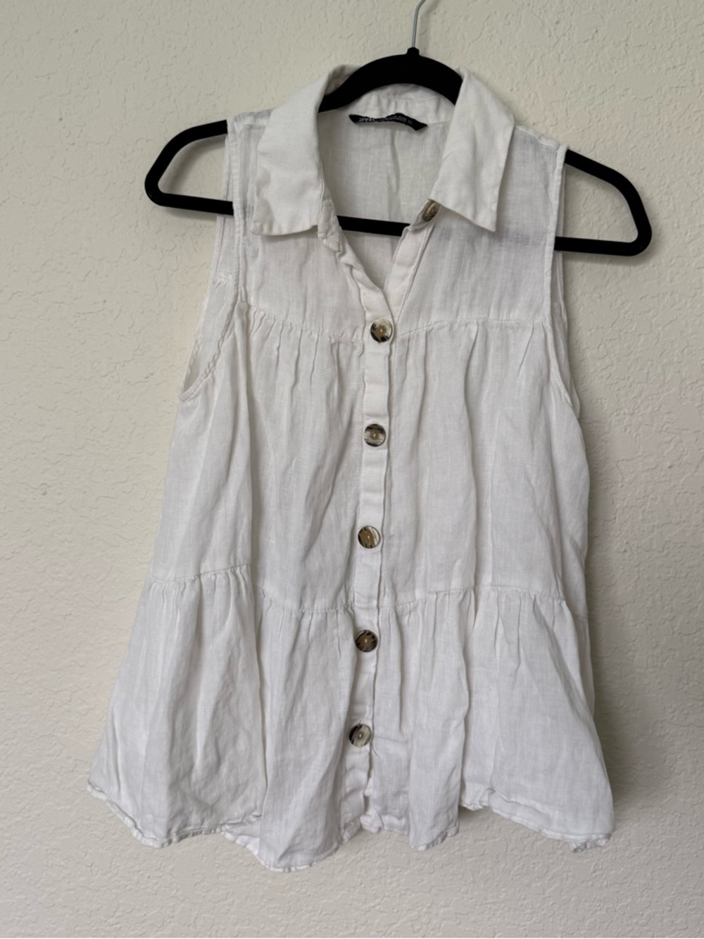 Zara White Sleeveless Button-Down Tiered Shirt